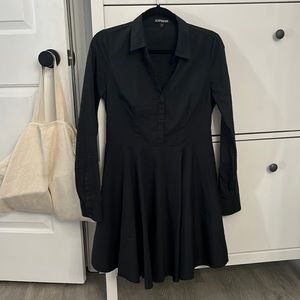 Express 60% Cotton Black Button Long Sleeve Mini Flared Shirt Dress